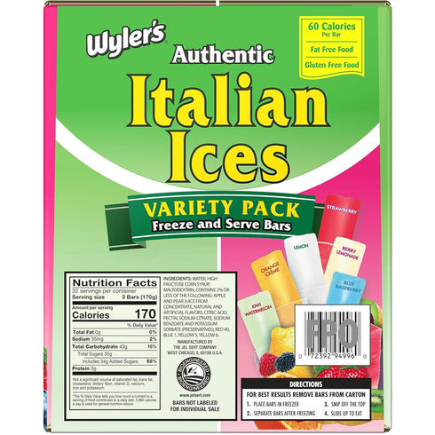 (96ct 2oz Wyler's Authentic Italian Ice, Fat Free Freezer Bars, Assorted Flavors - bars)