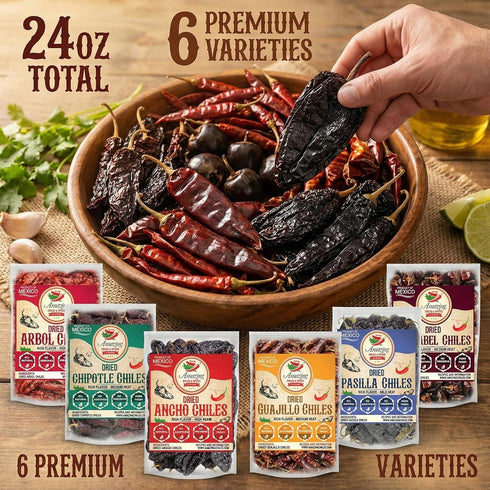6 Pack (24oz Dried Peppers Bundle - Ancho, Guajillo, Pasilla, Arbol, Chipotle, Cascabel Total). By Amazing Chiles