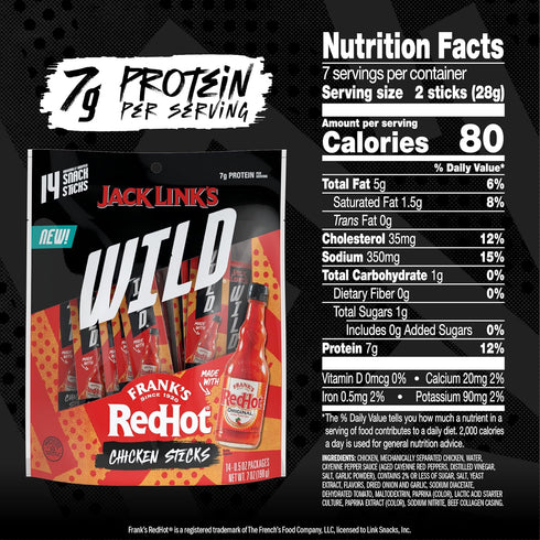 7g 0.5 Oz. (14 Count) Jack Link's Wild Mini Chicken Sticks Made with Frank's RedHot Flavor of Protein Snacks, On The Go