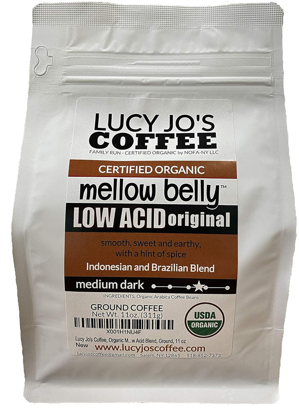 Lucy Jo's Coffee Roastery, Organic Mellow Belly Low Acid Blend, Medium Dark,