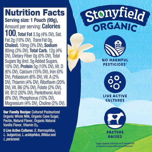 Stonyfield Organic 3.5 oz., Kids Vanilla Whole Milk Yogurt Pouch, Single Serving Snack