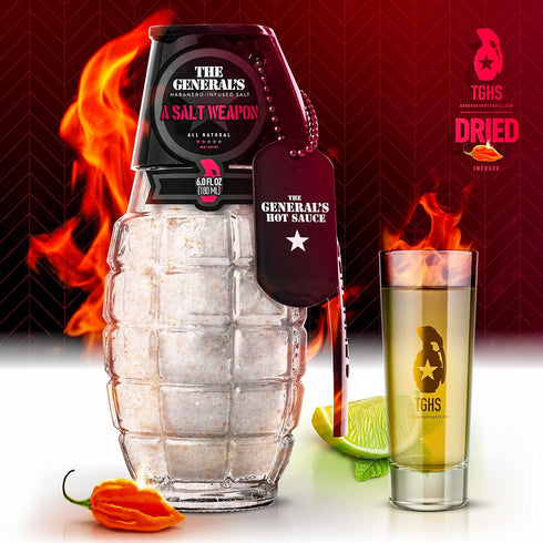 The General's Hot Sauce A Salt Weapon, All-natural Habanero Sea Salt in Glass Hand Grenade Bottle