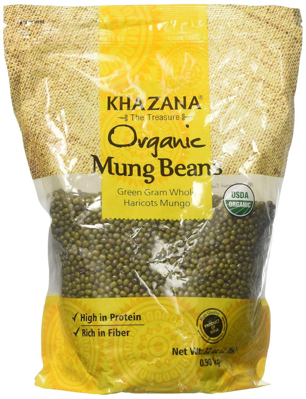 Khazana Organic Mung Beans (2lb) - Green Gram Whole Haricots - Non