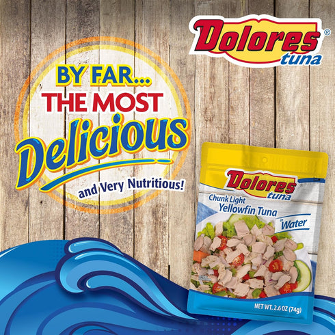 2.6 oz (Pack 24) Dolores Chunk Light Yellowfin Tuna in Water, Pouch Ready-to-Eat Tuna, Mild Flavor, Convenient