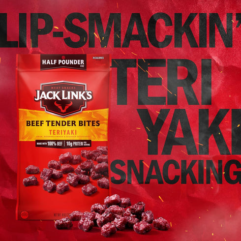 10g 70 100% Jack Link's Beef Tender Bites, Teriyaki, Half Pounder Bag - Flavorful Meat Protein Snacks for Lunches