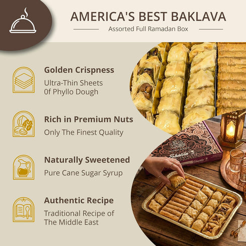 30-Pieces Shatila Food Products Half Ramadan Assorted Fillo Mix Baklava Box, Assorted Baklawa Pastry, Mediterranean