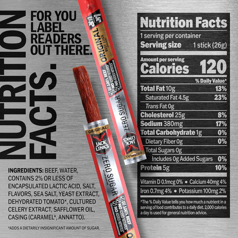 (20 Pack) 0.92 oz 5g 100% Jack Link's Original Zero Sugar Beef Sticks - Meat Sticks - Ready to Eat Protein Snacks