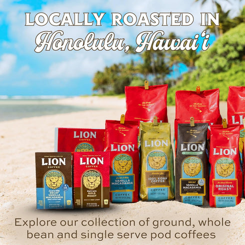 10% 24 Lion Coffee Premium Gold Roast, Kona Coffee Blend, Medium-Light Roast, A Taste of Aloha - Ground, Ounce Bag