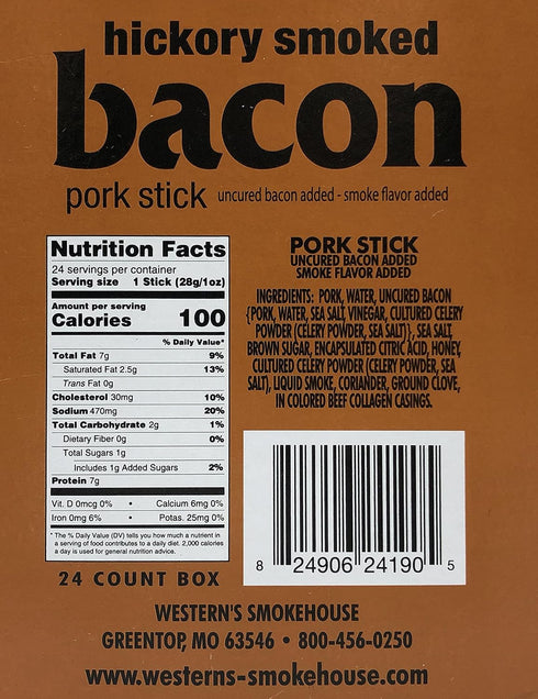 Pack 24 (1.0 Western's Smokehouse Meat Sticks Hickory Smoked Bacon Pork Jerky Sticks of Ounce) - Gluten-Free, MSG-Free