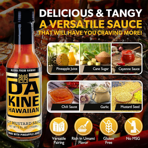 Da Kine Hawaiian 5 oz. 3-Pack) Hot Mustard Sauce - Made with Pineapple Juice for Meat Tenderizing, Ideal for Dipping