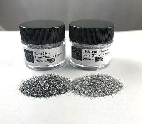 Luxury Cake Glitter, 12 grams, USA Made, Royal Silver & Holographic Silver (2 pack)