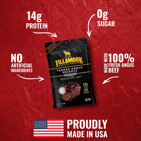 Country 6 oz, 14g Tillamook Smoker Tender Angus Reserve Original Beef Jerky, Real Hardwood Slow-Smoked USA Angus Beef