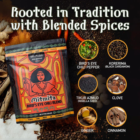 Brundo Ethiopian Spice Company Mitmita - Authentic Ethiopian Spice Blend with Bird's Eye Chili Pepper (8 oz)