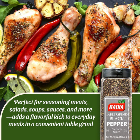 16 oz Badia Black Pepper Table Grind, - Premium Seasoning for Cooking & Freshly Ground Flavor