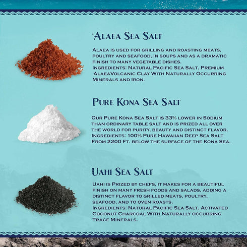 3 Count 2oz. Sea Salts of Hawaii Sea Salt Sampler Box - Each of Alaea, Uahi & Kona - Made in Hawaii