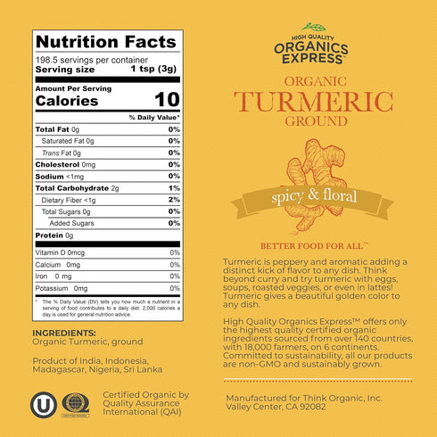 HQOExpress USDA Certified Organic Ground Turmeric Spice Powder, Non-GMO Seasoning for Cooking, 21 oz Chef Jar