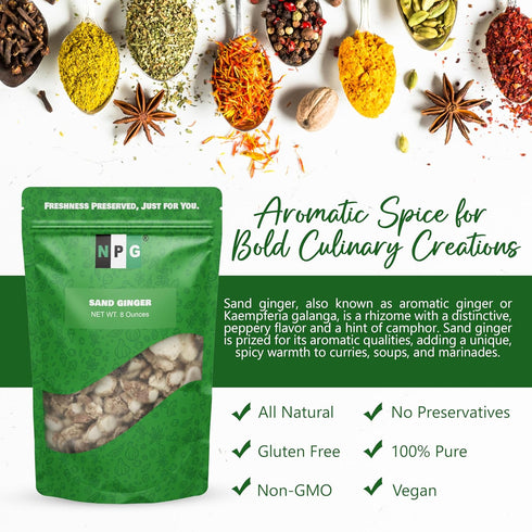 NPG Dried Galangal Root Sand Ginger Sliced 8 Ounce, Natural NON GMO Kulinjan Alpinia Galanga, Herb Spices Ingredient