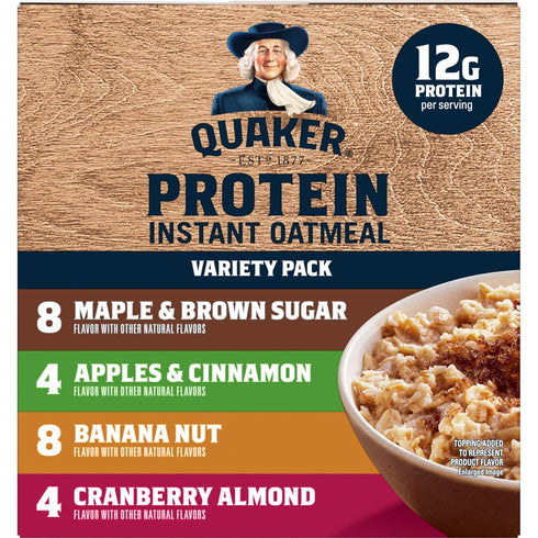 4 Pack, 7g+ Packets, 24 Count Quaker Instant Oatmeal, Protein Flavor Variety Protein, Individual