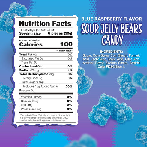Gummy 1 Sour Bears Candy | Pound Bag | Gelatin Free Chewy Blue Candy | Blue Raspberry Jelly Bears for Baby Showers