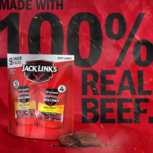 Pack (9 Pack) 1.25 oz 13g 100% Jack Link's Beef Jerky Variety - Original and Teriyaki - Bag - Ready to Eat Protein