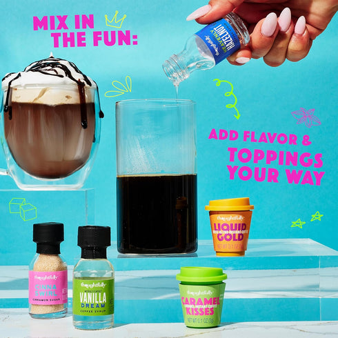 Set, Thoughtfully, Iced Coffee Barista Bar Gift Includes Instant Coffee, Flavored Syrups, Cocoa Powder & Cinnamon