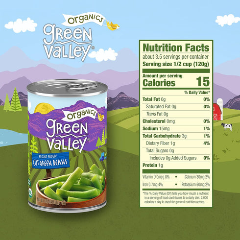 14.5 oz (Pack 4) Green Valley Organics Cut Green Beans | Certified Organic | Deliciously Mild Subtly Sweet Flavor
