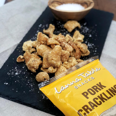 0g 5 Oz (Pack 3) Lanna Table Pork Cracklins, Southern Flavor Chicharrones Style, Fried Pork Skins Attached with Fat