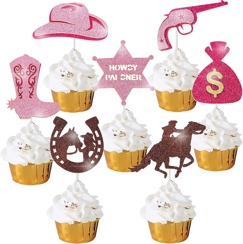 24 Pcs Cowgirl Party Cupcake Toppers, Pink Western Decorations for Kids Birthday Party, Baby Shower Supplies