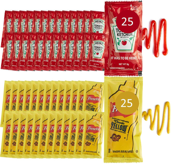 25 Ketchup (9g) & 25 Mustard (7g) Packets - 50 Total Condement