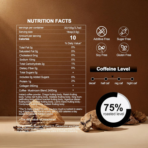 SUNDAFONE 10 0g 30 Mushroom Coffee with Grass-Fed Collagen, Mullein,Lion's Mane, Reishi and Adaptogenic Mushrooms;