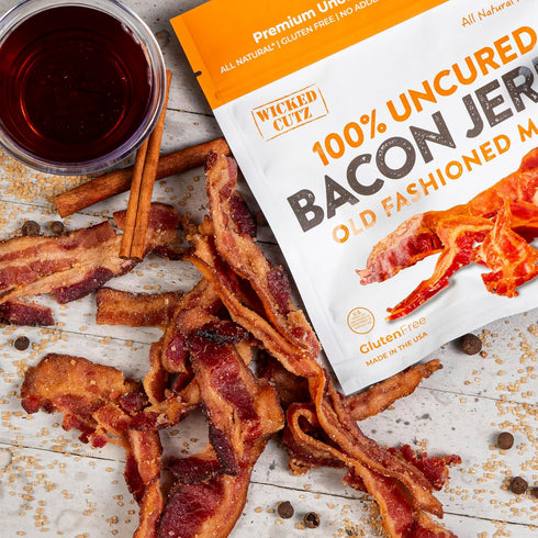 16g (2 Old Fashioned Maple Bacon Jerky, Candied Jerky with Protein Per Bag, Tender & Easy to Chew Fully Cooked Bacon
