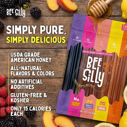 Bee Silly 15 (100 pack, Pack: Flavored Honey Sticks - USDA Grade Single Serve Straws, Only Calories Each - Pure Natural