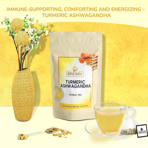 BREWIX Turmeric Ashwagandha Herbal Tea Bags (20 Pyramid Bags) - Caffeine Free, Gluten Free, Pure Herbal Blend