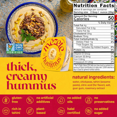 Hummus 100% Backpack 180g (Pack 1) Mezete | Classic Tahini Rich | No Added Oils | No Preservatives | All Natural |