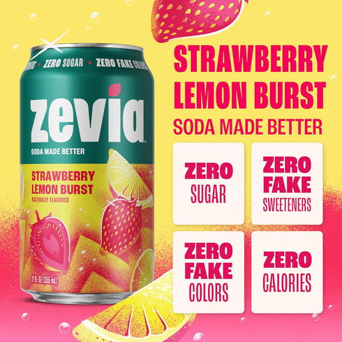 12 oz (8-Pack) Zevia Zero Sugar Soda, Strawberry Lemon Burst, Cans Naturally Sweetened, Zero Calorie Sugar Free Soda
