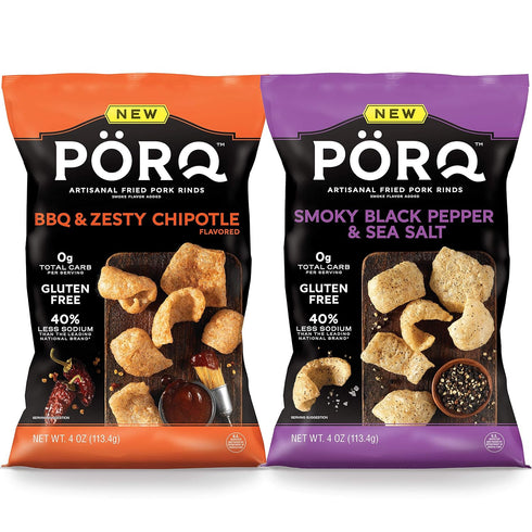 PORQ Artisan Fried Pork Rinds variety pack, BBQ & Zesty Chipotle, Smoky