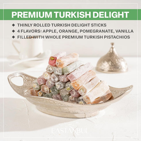 17.6oz, 4 Eastanbul Turkish Delight, Turkish Delights Candy Sticks Pistachio Filled w/ Flavors: Apple, Orange
