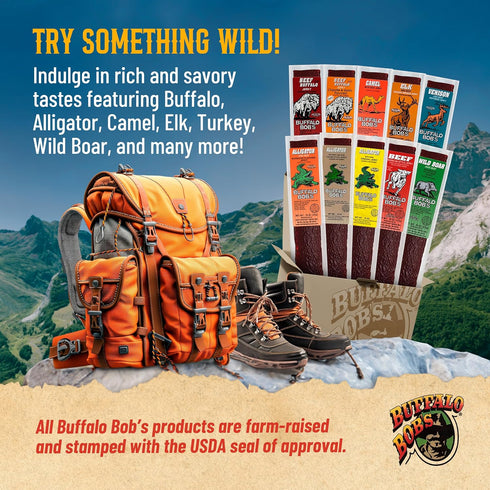 Buffalo Bob's (10-Pack), 10 Pack Exotic Jerky Flavor Variety of Snack Sticks, Wild Game Beef Gifts for Men
