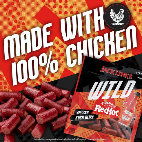 100 Packs 7g Pack 4oz (8 Count) Jack Link's Wild Chicken Stick Bites Made with Frank's RedHot Flavor, Mini Meat Sticks