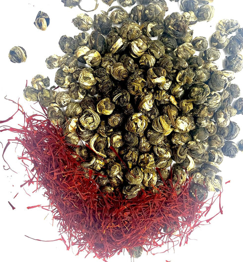 FIRE TEAS Imperial Jasmine Dragon Pearls Tea with Saffron - Rolled Green Tea Pearls, Strong Aroma & Taste