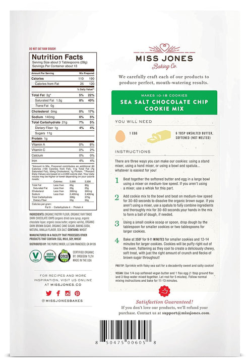 Miss Jones Baking Organic Cookie Mix, Non-GMO, Vegan-Friendly, Sea Salt Chocolate Chip, Packed with Morsels (Pack of 3)