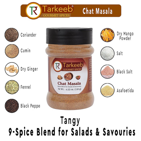 Tarkeeb Chat Masala 4.23 oz Shaker Top PET Jar, Tangy Indian Seasoning, All Natural, Vegan, Gluten Free