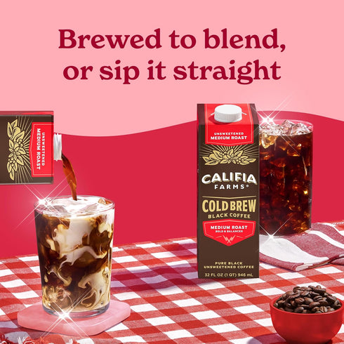 32 Oz (Pack 6), 100% Califia Farms - Pure Black Medium Roast Cold Brew Coffee, of Arabica, Shelf Stable, Plant Based