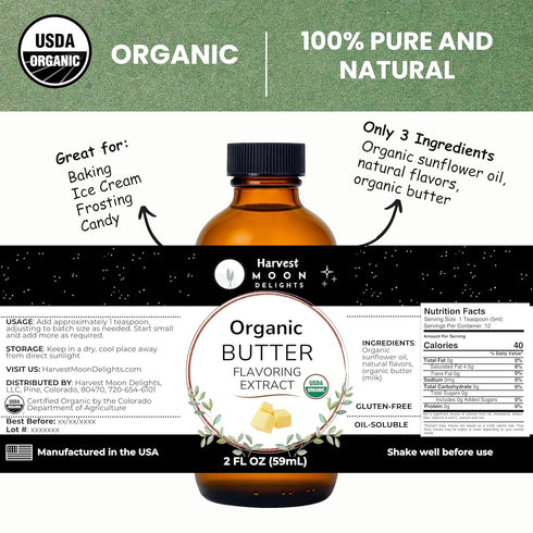 2 Oz Organic Butter Extract for Baking, Ice Cream, Drinks and Candy - - Oil-Soluble - By Harvest Moon Delights - Butter