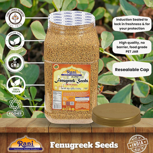 128oz (8lbs) 3.62kg Rani Fenugreek (Methi) Seeds Whole Bulk PET Jar, Trigonella foenum graecum ~ All Natural | Vegan |