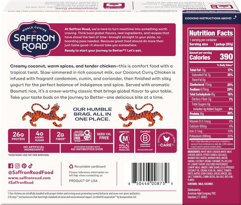 Frozen 10 Saffron Road Coconut Curry Chicken High Protein, Seed Oil Free, Chickens Raised with No Antibiotics, No