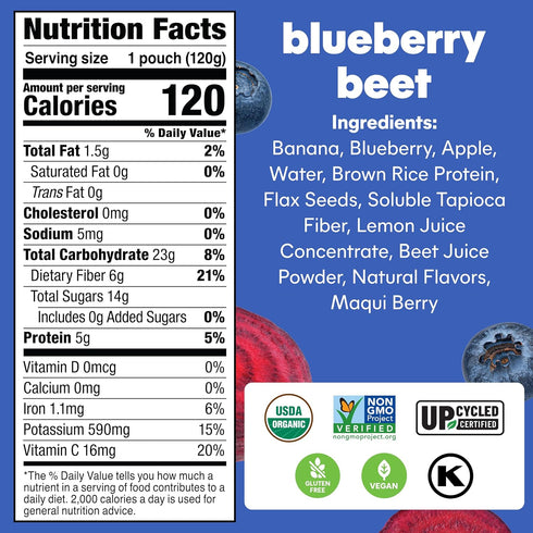 4.22 oz, 12 Count Noka Superfood Fruit Smoothie Pouches, Blueberry Beet, Healthy Snacks with Flax Seed, Prebiotic Fiber