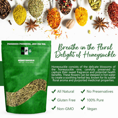 16 Oz, Packaging, NPG Dried Honeysuckle Bulk Jin Yin Hua, Natural Herbal Tea, Sweet Floral Aroma, Resealable Versatile