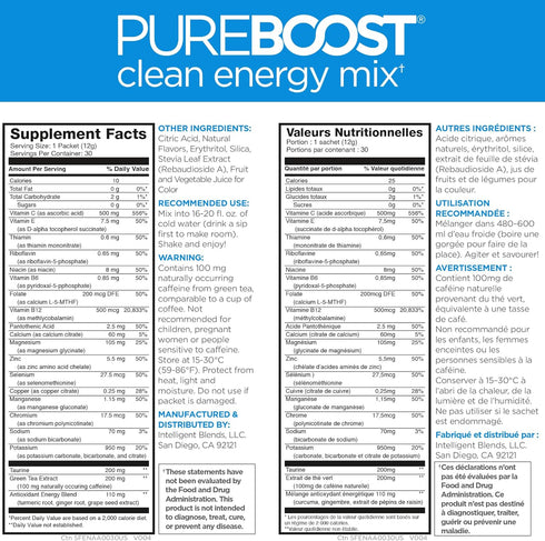 Pack 30 Count, B12 Pureboost Sugar-Free Clean Energy Booster, Combo Refreshing Energy Drink Mix with Vitamins