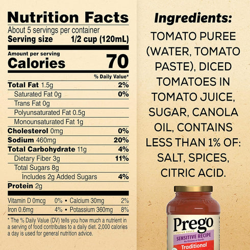Prego Traditional Sensitive Recipe Low FODMAP Pasta Sauce, 23.75 Oz Jar (Case of 6)